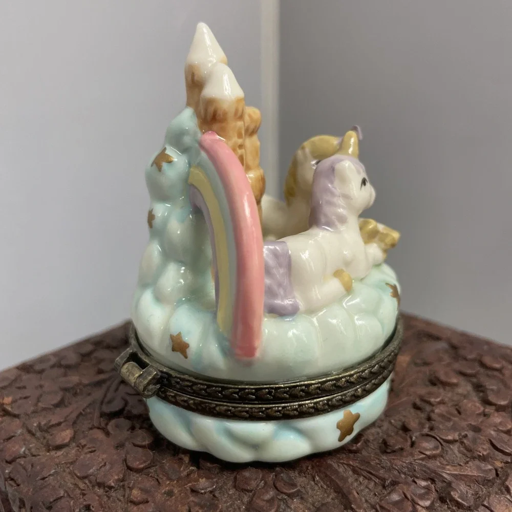 Unicorn Trinket Pill Box Hinged Castle Rainbow Cloud Star Adorable!